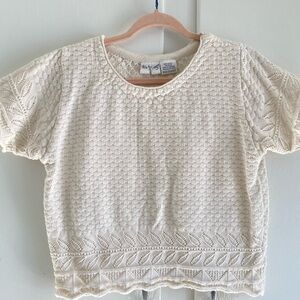 Vintage Twenty Cream Floral Knit Slightly Crop Sweater Cotton Short Sleeve M